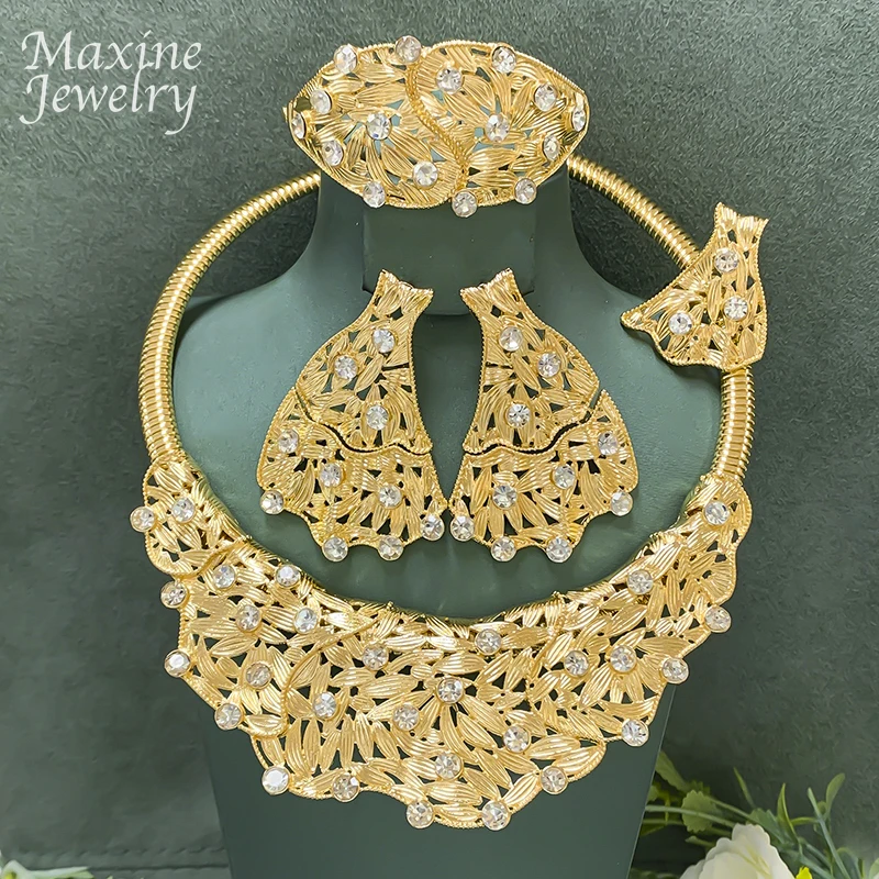Big Size Dubai Rhinestones Collar Chunky Gold Plated Jewelry Set Women Necklace Earring Bracelet Ring Bridal Wedding Party Gift