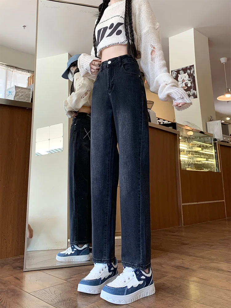 Dżinsy damskie z wysokim stanem, proste nogawki, plus size, elastyczne spodnie typu nine tube, jesienne nowości, stylizowane na casual, bawełniane, elastyczne dżinsy.