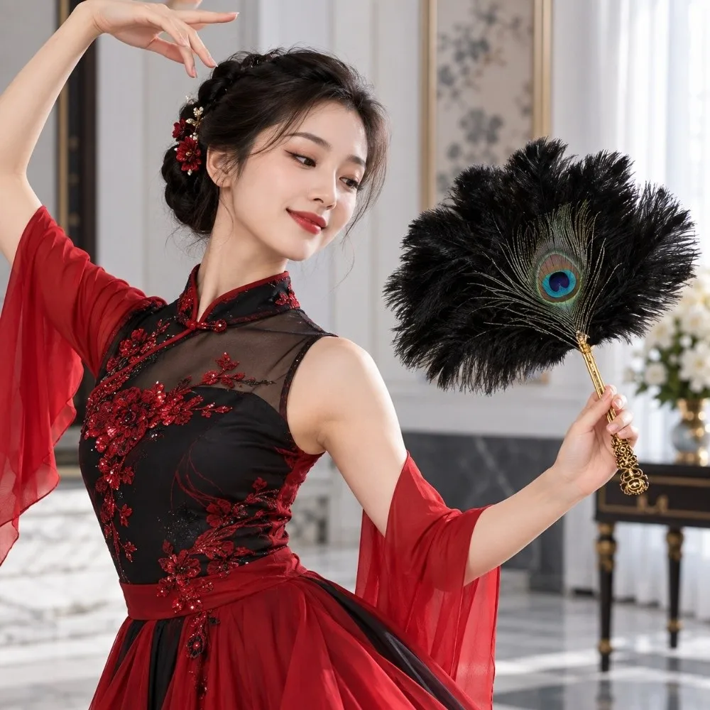 Ancient Style Elegant Peacocks Feathered Fan with Chinese Style Small Dance Performances Fan Versatile Handheld Fan