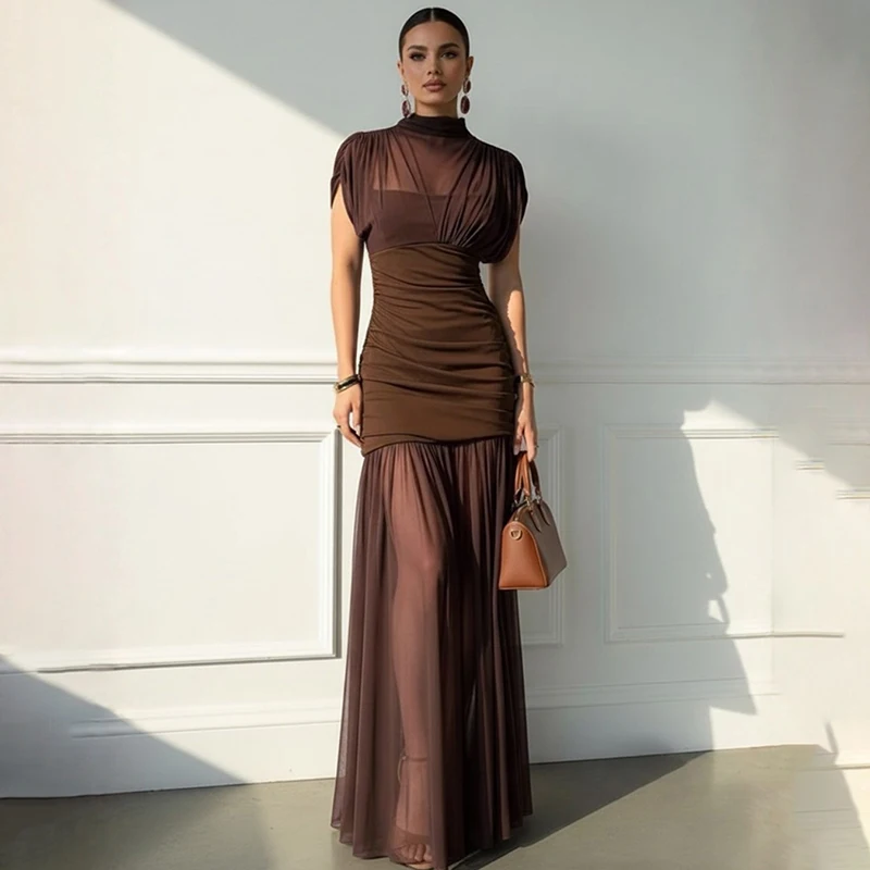 

Tornova Mesh Splice Pleated Dress Women's Sexy Slim Sleeveless Turtleneck Perspective Long Dress Lady Autumn Party Club Clothing