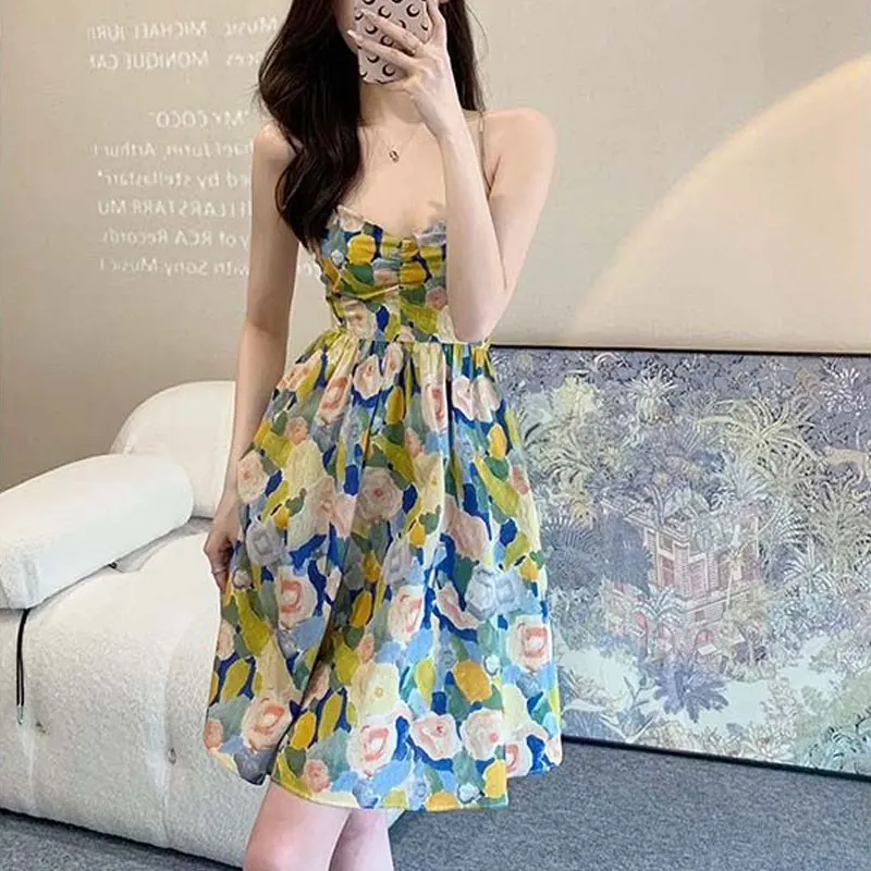 Beach Style Broken Flowers Printed Slip Dress Summer Fashion Sexy Backless Bandage Women's Clothing Vintage Folds Mini Dresses