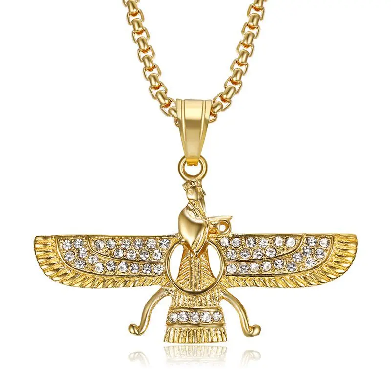 Hip Hop Rhinestone Paved Bling Iced Out Iran Faravahar Ahura Mazda Zoroastrian Pendant Necklace Stainless Steel Men Jewelry