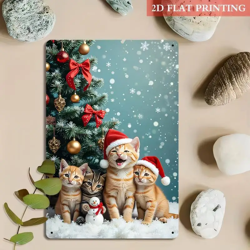 2D Flat Printed Christmas Kittens Metal Tin Sign - Festive Snowy Tree, Snowman & Santa Hats Design, Red/Gold Accents, Iron Wall