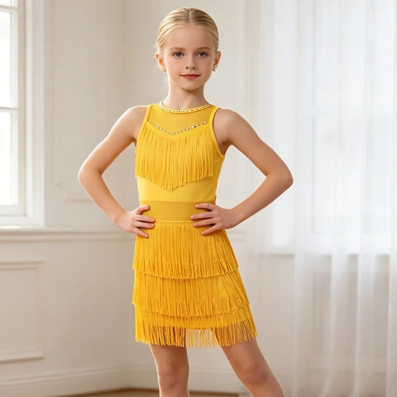 

Children's Dance Dress Tassel Latin Dance Dress Practice Clothes Girl's Performance Clothes Dress Professional