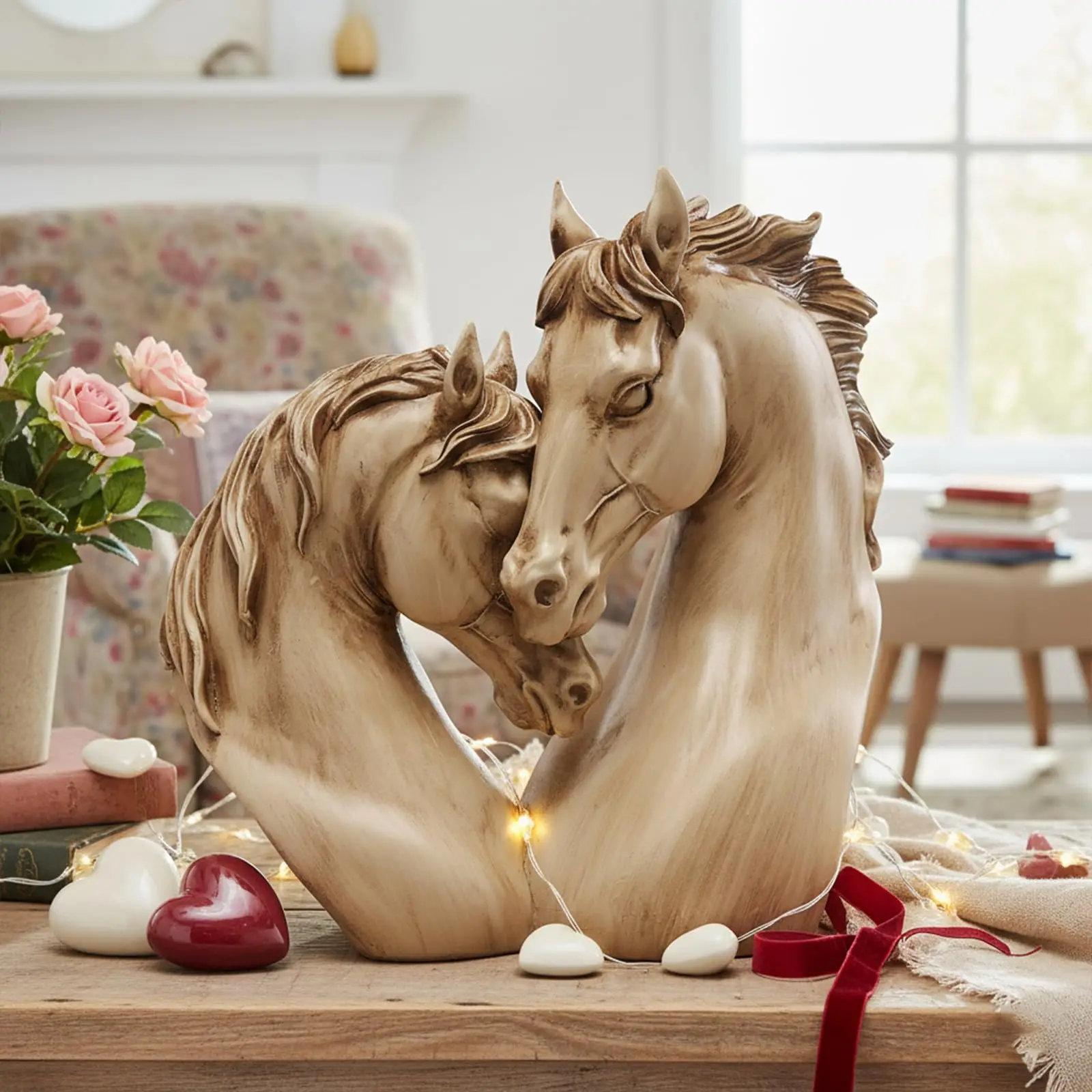 

Heart-Shaped Horse Sculpture Resin Nuzzling Statue - Handcrafted Romantic Equestrian Gift for Home & Office