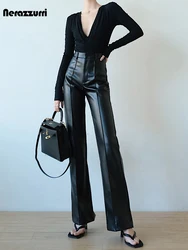 Nerazzurri Stylish Chic Black Soft PU Leather Straight Pants Women High Waist Autumn Winter Ladies Faux Leather Trousers 2023