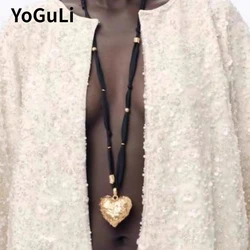 Modern Jewelry Popular Style Long Black Cord Heart Pendant Necklace For Women Female Gifts Exaggerative Accessories Hot Sale