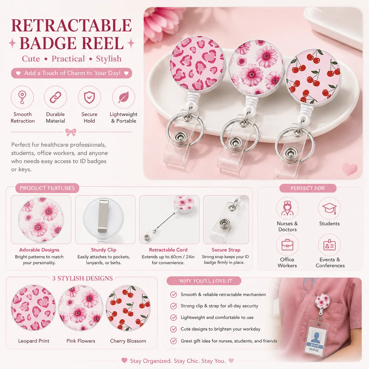 

Retractable Badge Reel Delicate Epoxy Id Badge Holder Badge Reel Lanyard Cute For Nurses Work Badges Students