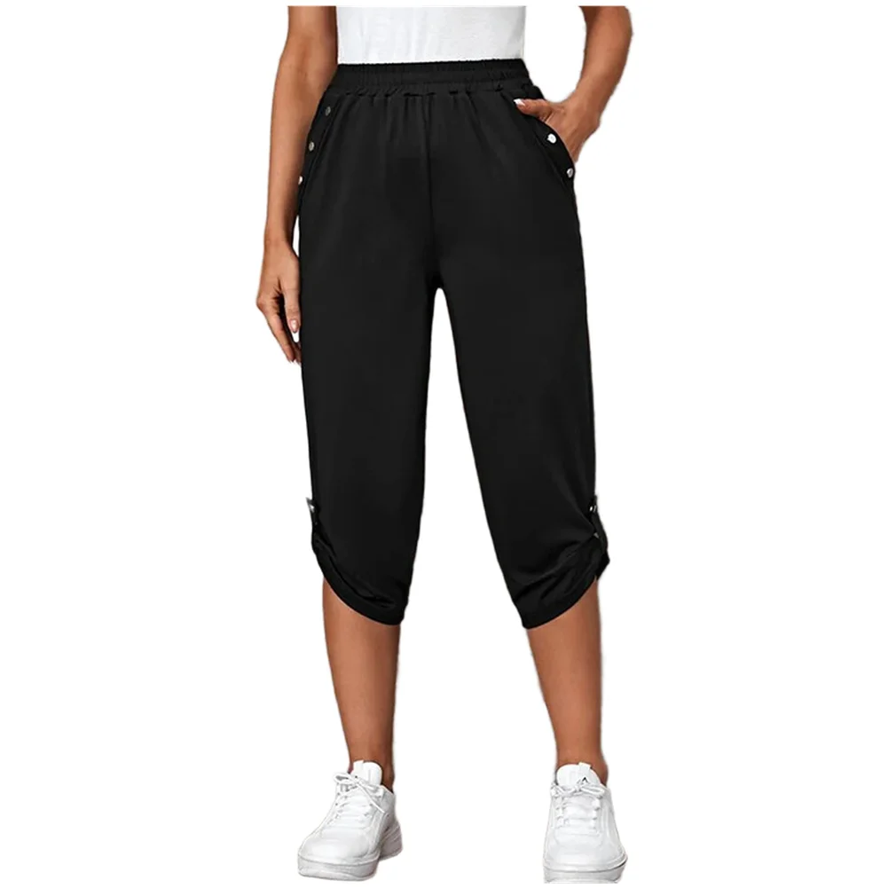 Womens Cropped Leggings Polyester Mid Waist Summer Thin Stretch Fabric for Fitness Casual Streetwear Daily Use
