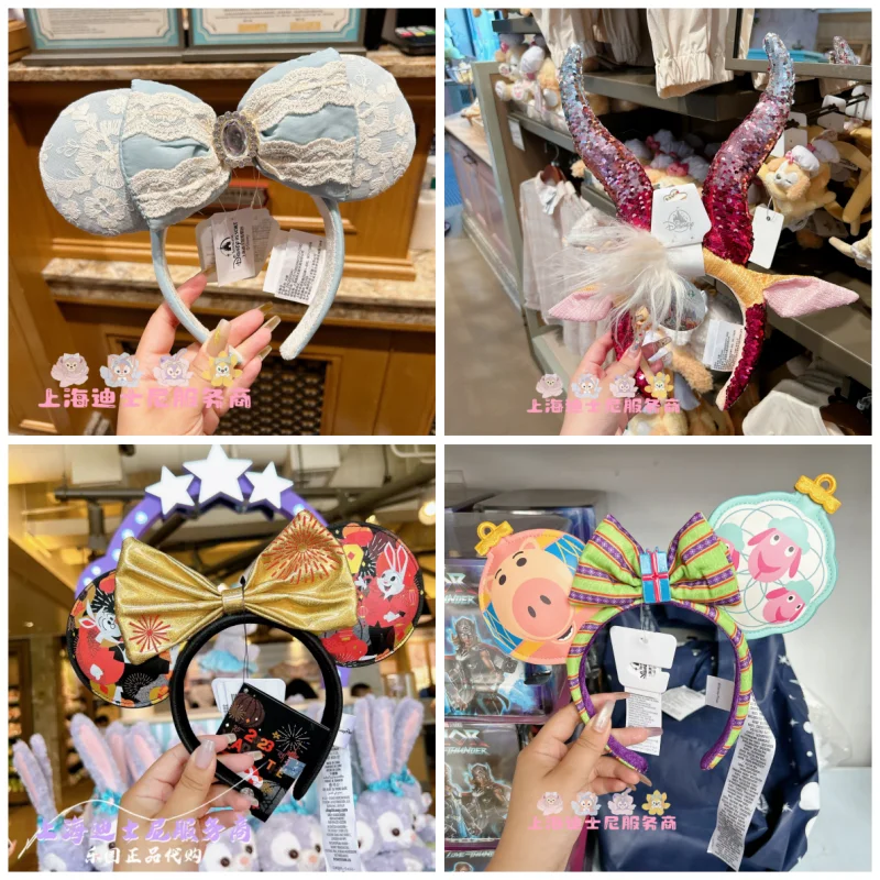 Diadema genuina de princesa Cenicienta de Disney, diadema de piedras preciosas con lazo de dibujos animados de Shanghai Disneyland, accesorio para el cabello con orejas de Mickey para mujer