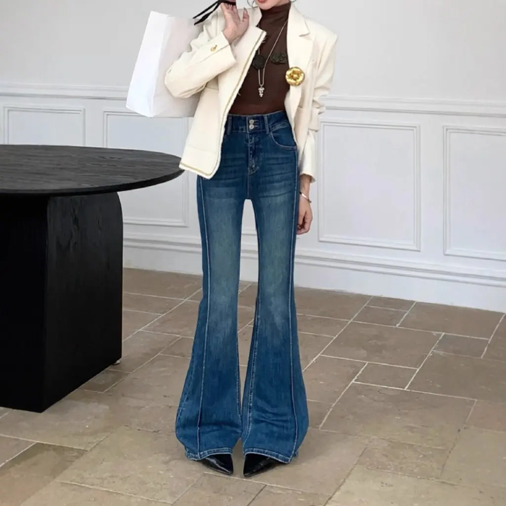 Cintura alta sino inferior jeans feminino emagrecimento elástico tamanho alto calças jeans estilo vintage outono recém chegados