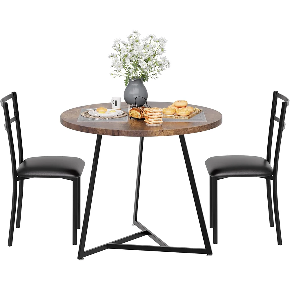 3-Piece Round Dining Table Set for 2, Mid-Century Modern Wooden Kitchen Table with 2 Upholstered Chairs and Metal Frame for Brea