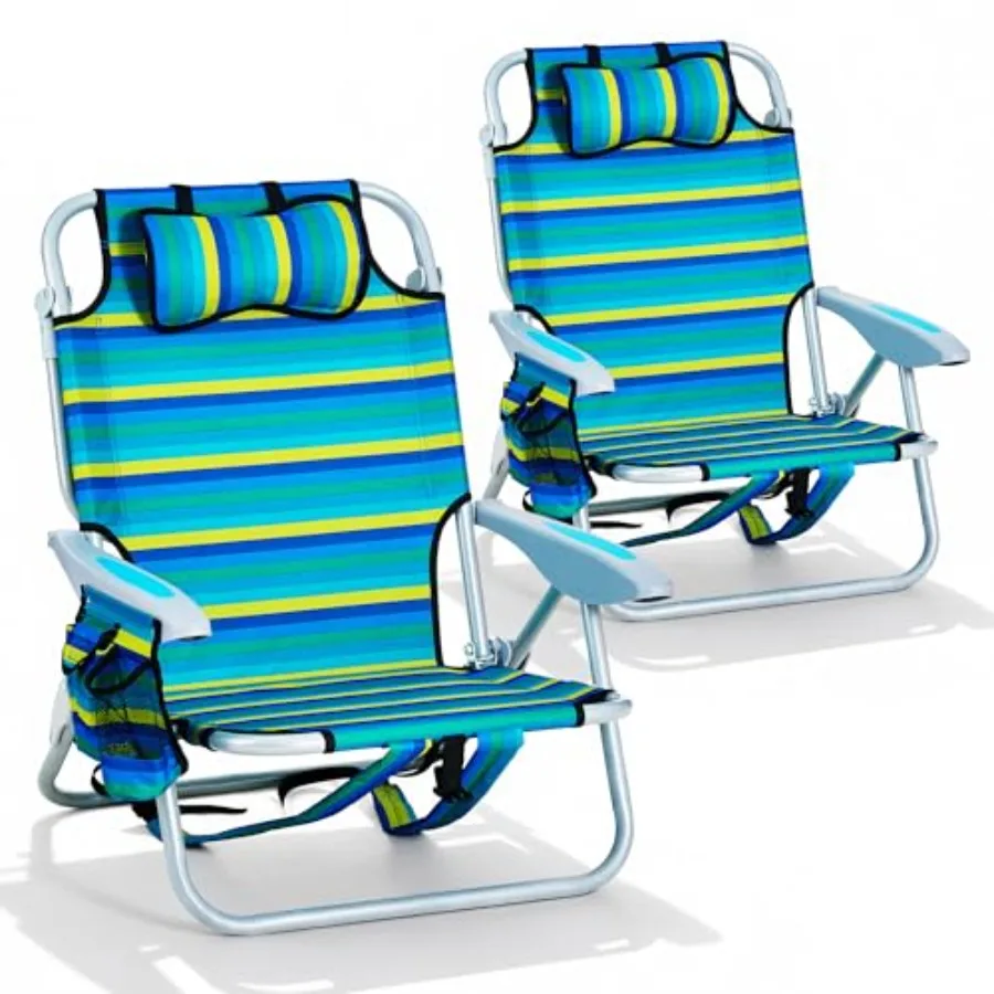 

Beach chair for outdoor camping and beach use, polyester fabric, navy and white striped, lightweight portable with 5-position r