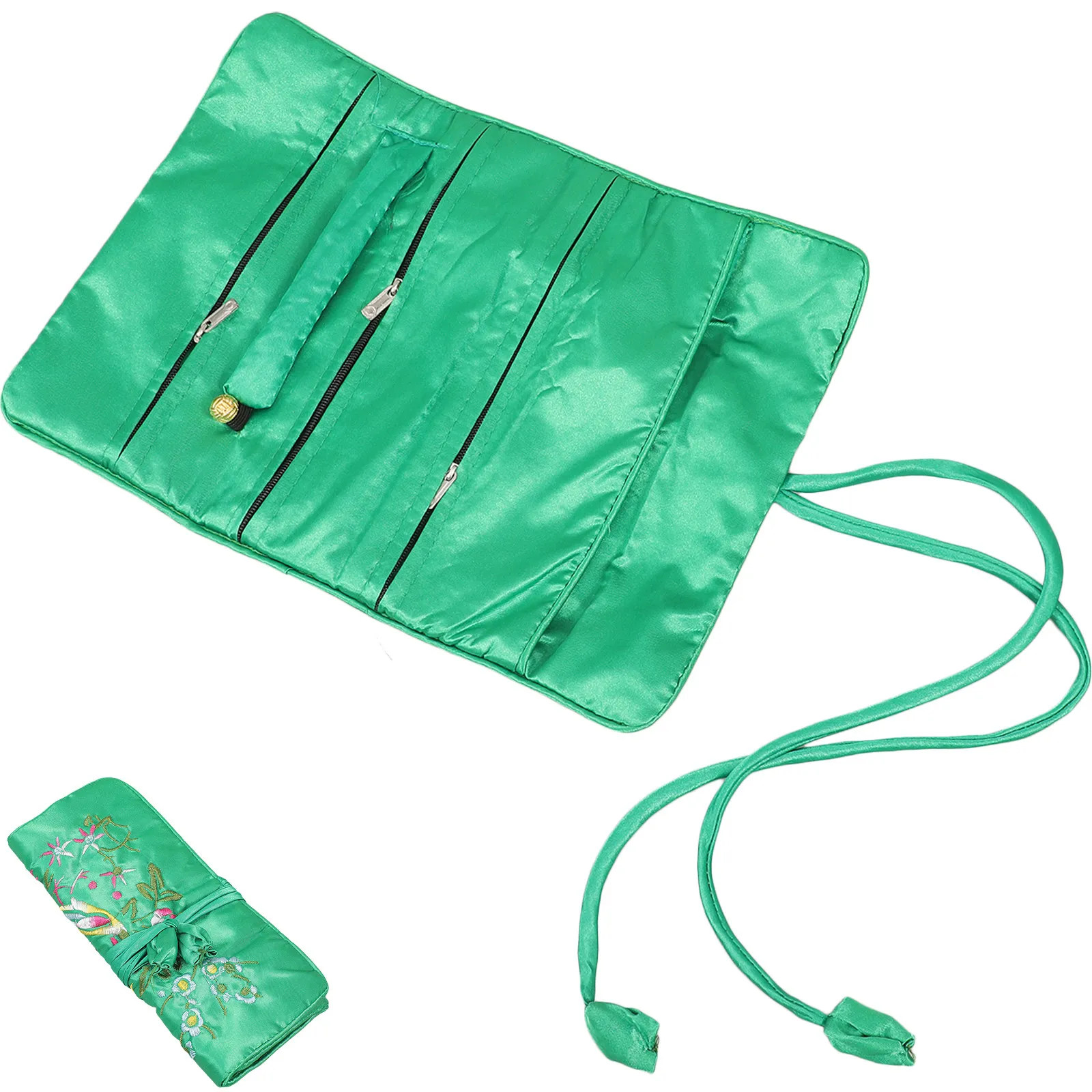 

Handmade Green Embroidered Jewelry Roll Bag Brocade Makeup Organizer Travel Storage Pouch Jewelry Roll Bag