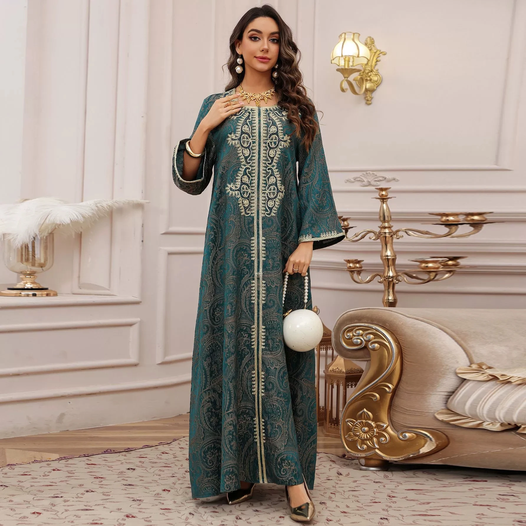 Vestido de noche de Ramadán de Oriente Medio, vestido bordado de Jacquard, caftán de moda con cuentas para uñas, bata islámica musulmana árabe