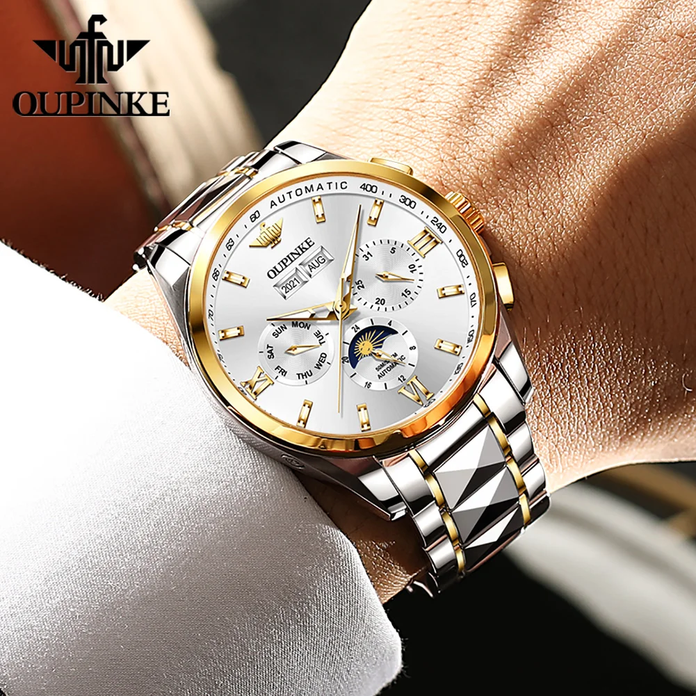 OUPINKE Original Automatic Mechanical Watch for Men Moon Phase Waterproof Tungsten steel Sapphire Mirror Business Man Wristwatch