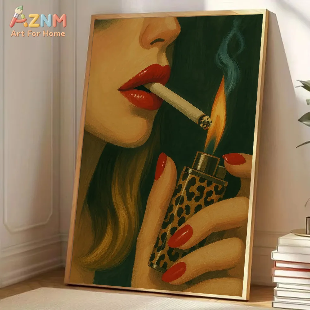 AZNM Retro Green Fashion Woman Canvas Wall Art Disco Ball Doberman Vinyl Record Vintage Oil Painting Bar Home Poster Unframed