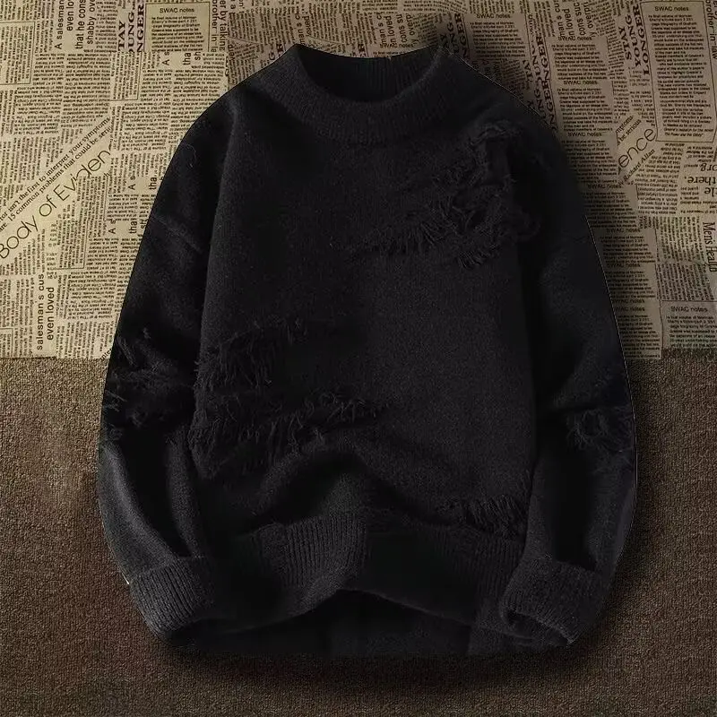 

Loose Fit round Ne Sweater for Men Oversized 300 Pou Asymmetrical Fringe Knitwear Japanese Sle plus Size Top