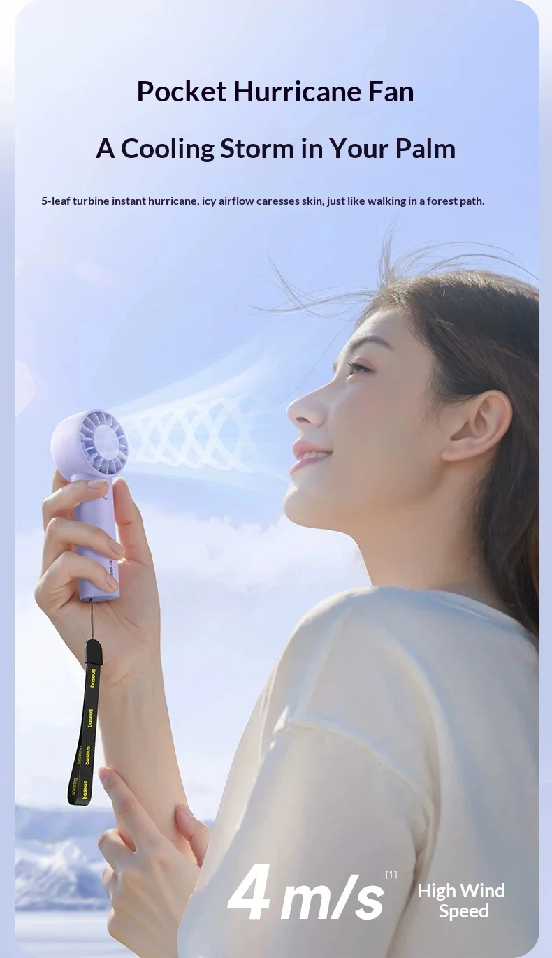 BASEUS GoTrip DT1 Handheld Small Fan Five Blade Turbine Engine Handheld Fan 1200mAh Long Battery Life Low Noise Light Weight