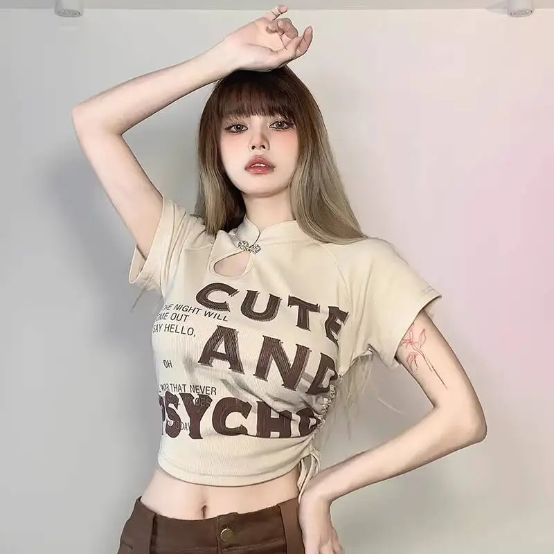 

Women's Crop Top Short Sleeve T-shirt Summer Plus Size Retro Cheongsam Top Cutout Drawstring Design Chic Slim Cropped T Shirt