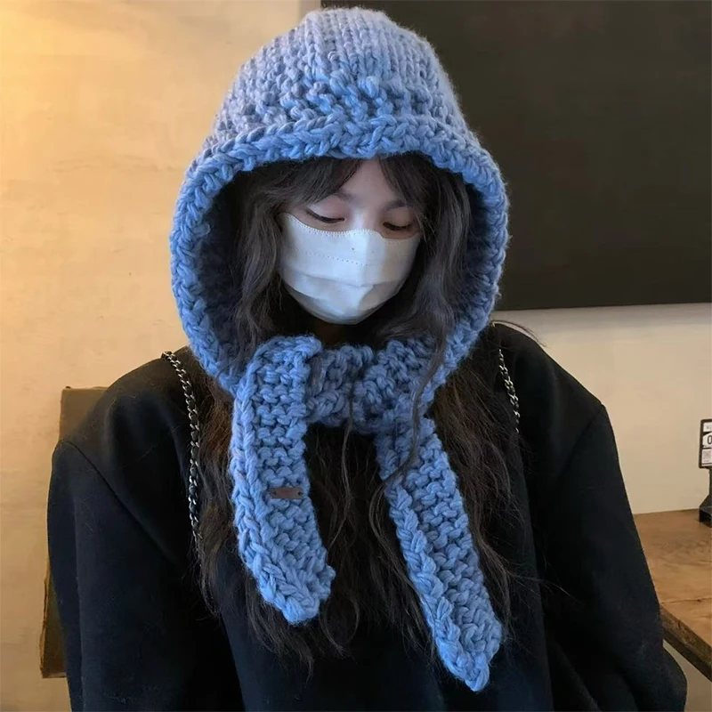 

Winter Balaclava Hats Women Korean Style Knitted Hooded Caps Outdoor Warm One-Piece Drawstring Hats Scarf Beanies