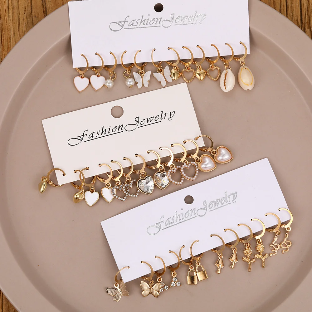 36 Pcs Boho Heart Hoop Earring Set for Women Gold Color Bohemia Vintage Pearl Earring European and American Jewelry Gifts 2024