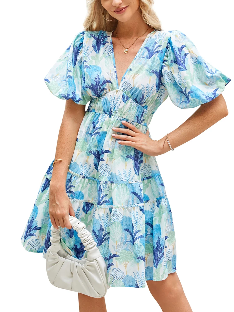 Neues Sommerkleid für Damen, bequem und locker geschnitten, mit kurzem Arm, elegantem V-Ausschnitt und modischem Print. – Detail 9