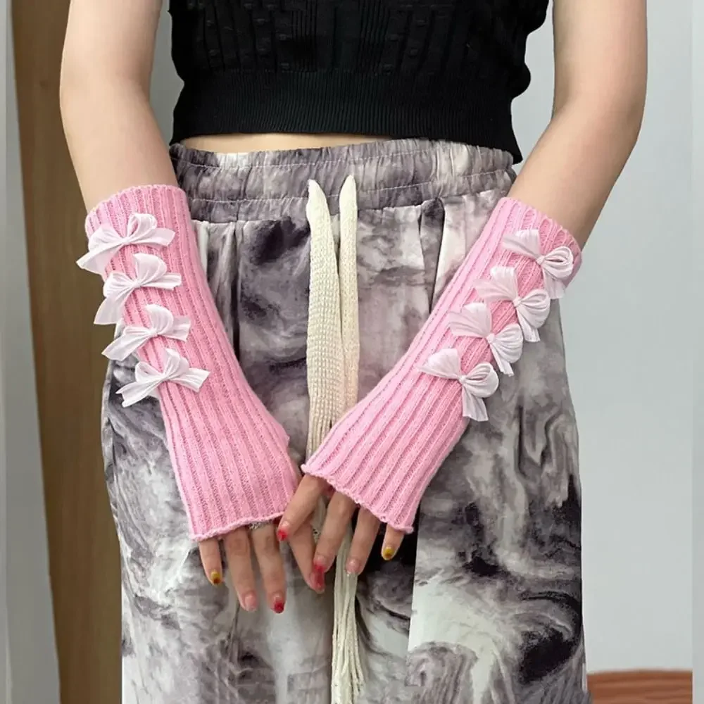 

Casual Solid Color Bow Knitted Gloves Gothic Y2k Wool Sleeve Cuff Long Hand Sleeve Arm Warmers Girls