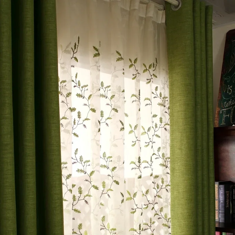 Pastoral Blackout Curtain Green Linen Fabric Window Screen Leaves Embroidered Curtain Tulle for Living Room Bedroom American