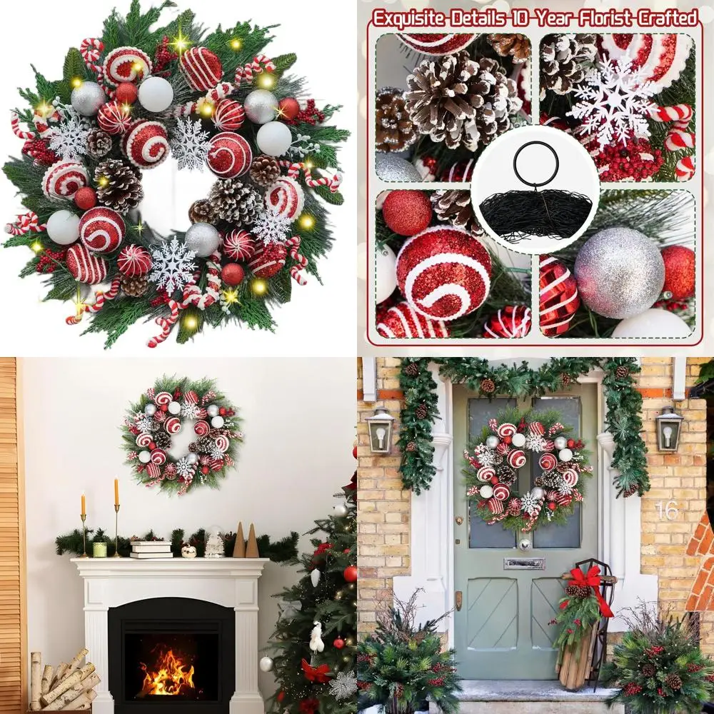 

24 Red & White Christmas Wreath with Snowflakes & Peppermint Candy for Front Door Holiday Decor