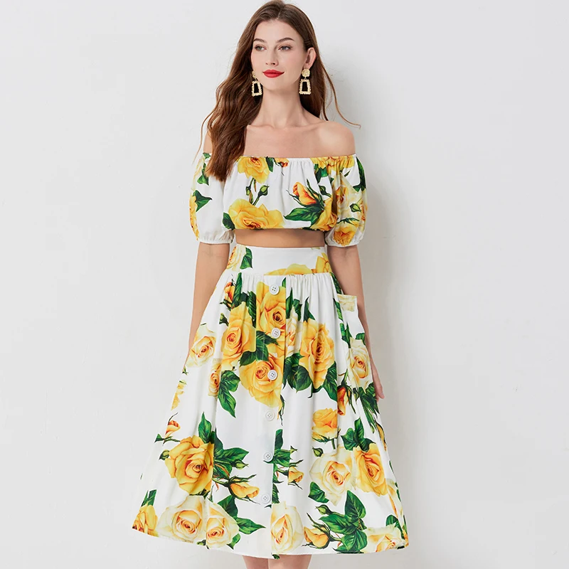 Rose Flower Two Piece Set Women Summer Print Crop Tops + A Line Pleated Long Maxi Skirts Suits Beach Wear