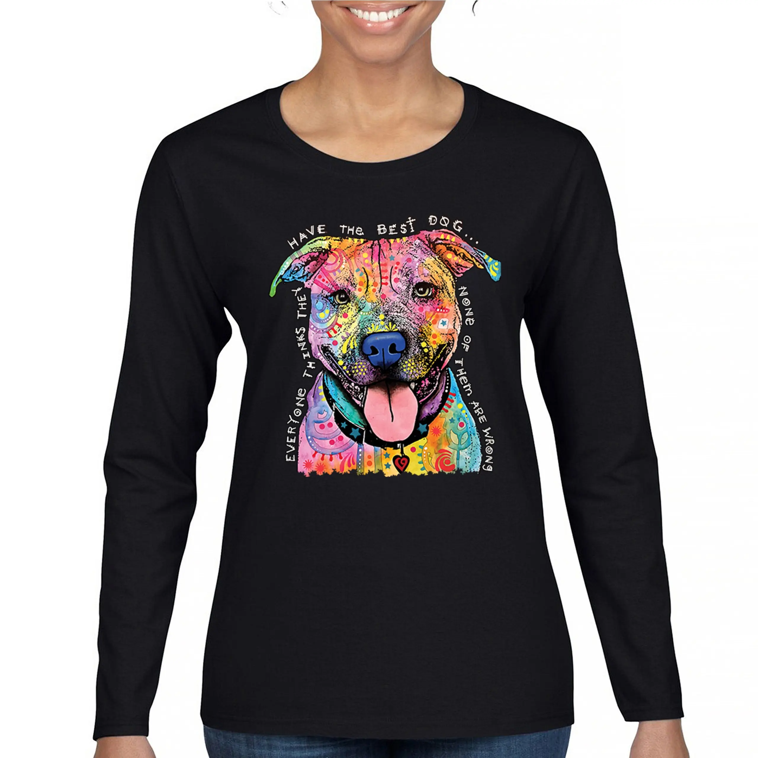 Dean Russo Colorful Pit Bull Women's Long Sleeve T-shirt Everyone Has Best Dogs