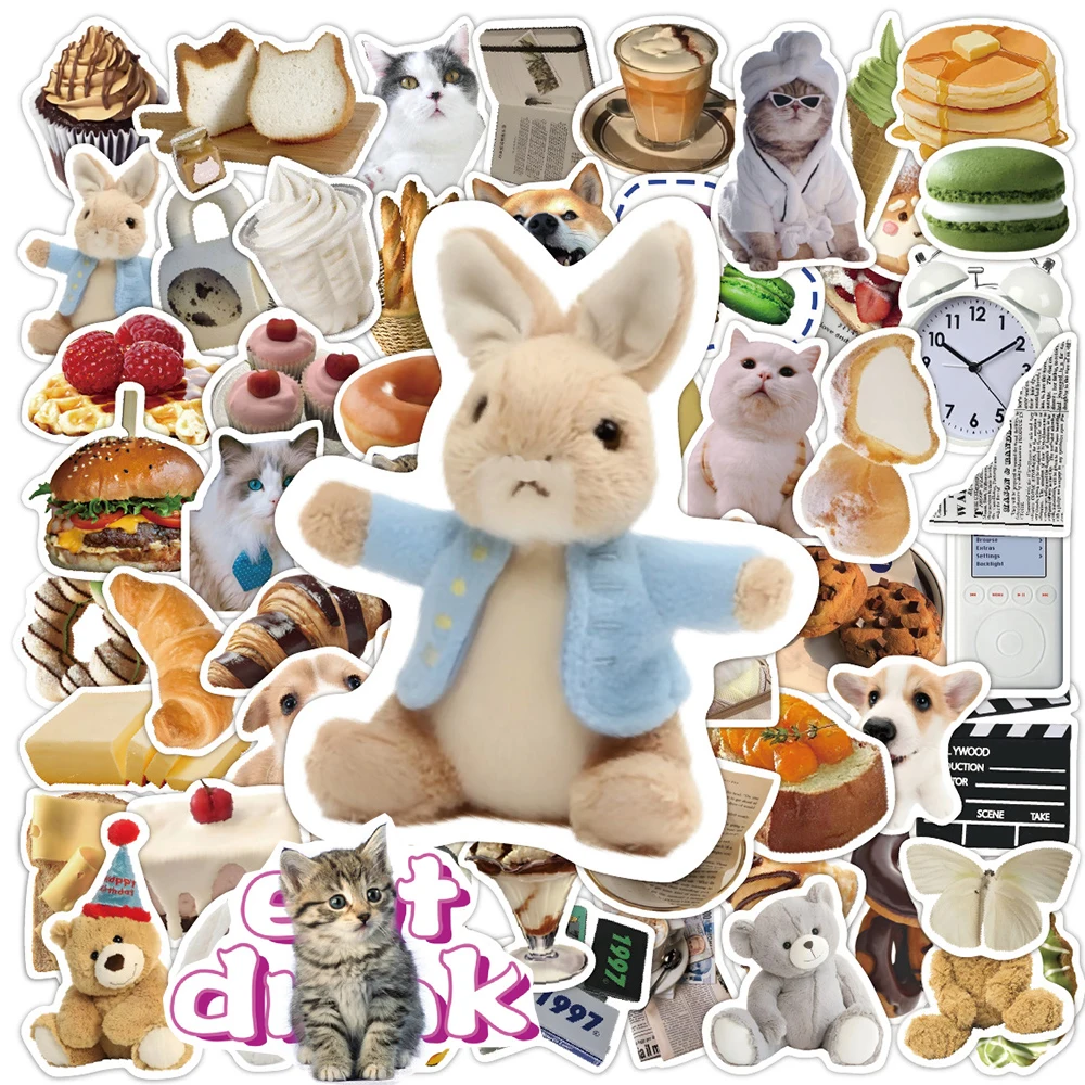 10/30/50pcs Funny Cat Animal Stickers Food Cartoon Sticker Diary Motorcycle Phone Notebook Car Decoration Stationery Decals Toys