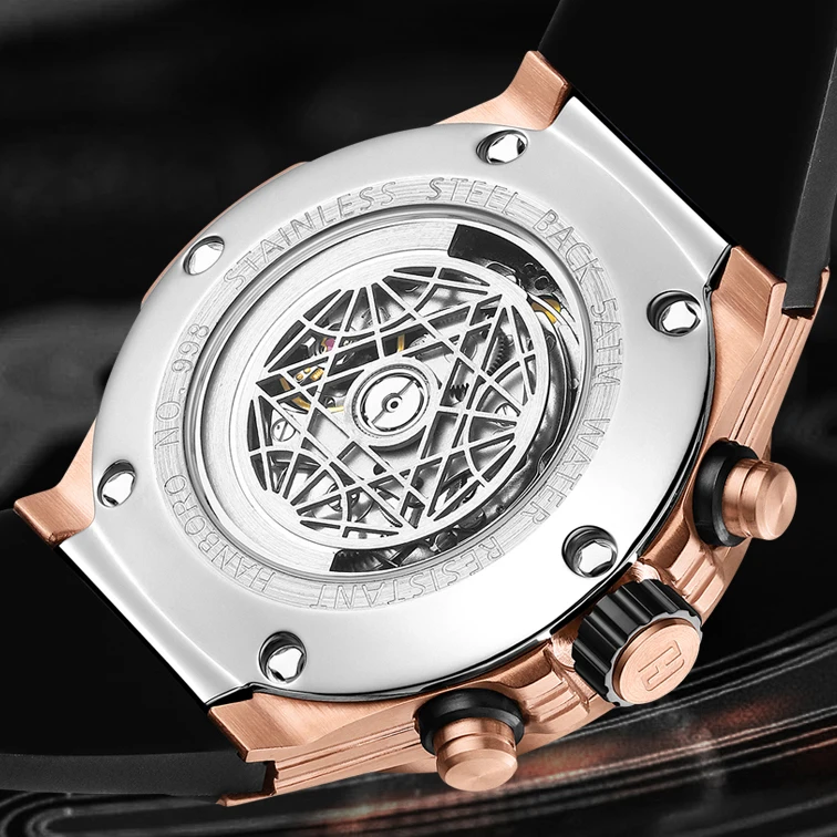 HANBORO Mens Watches Luxury Watch Automatic Mechanical Wristwatch Luminous Skeleton Hexagonal Bezel Rubber Strap