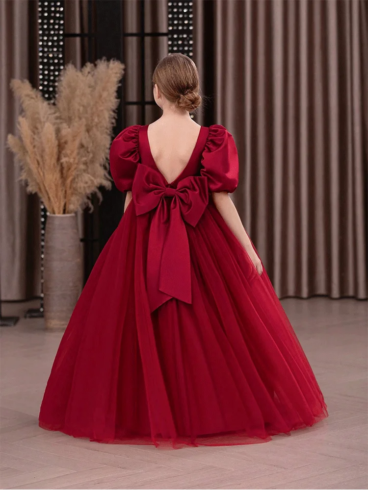 Burgundy Round Neck Short Sleeve Satin Flower Girl Evening Dress Girl Mesh Birthday Holiday Evening Dress Girl Performance Dres