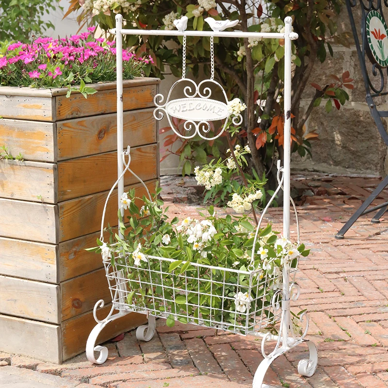 Island pull wrought iron flower stand stand, white iron shop window flower basket flower basket stand, welcome signature storage