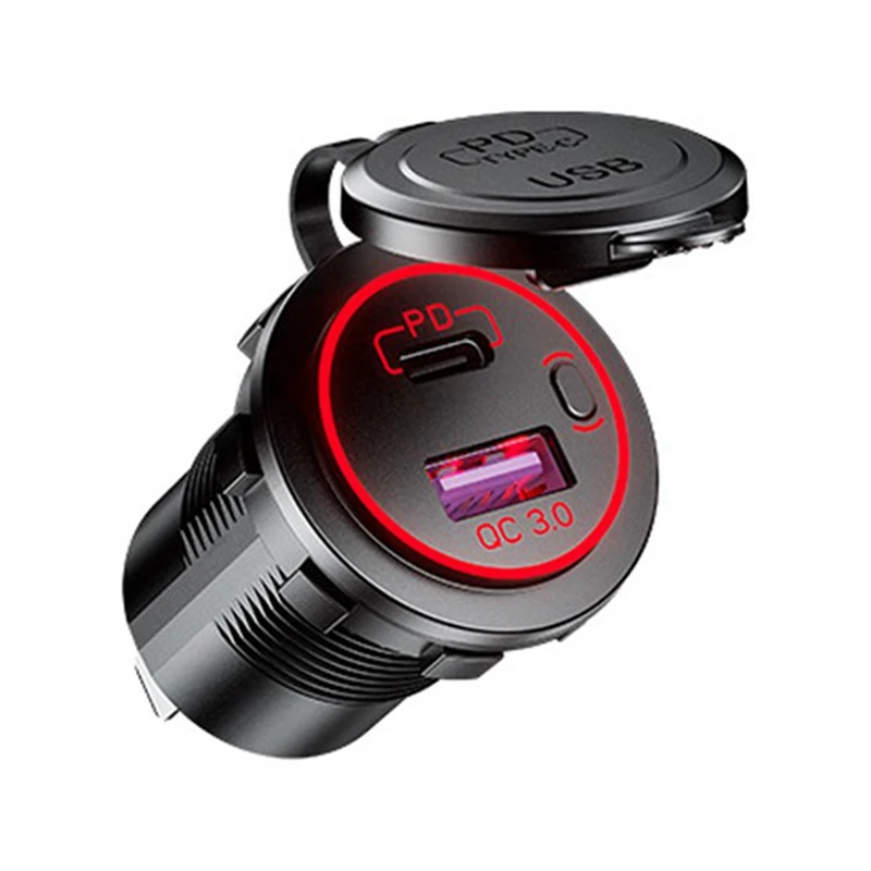 PD Type C USB Car Charger & QC 3.0 Quick Charger 12V Power Outlet Socket With On/Off Switch For Motorcycle RV ATV,Red