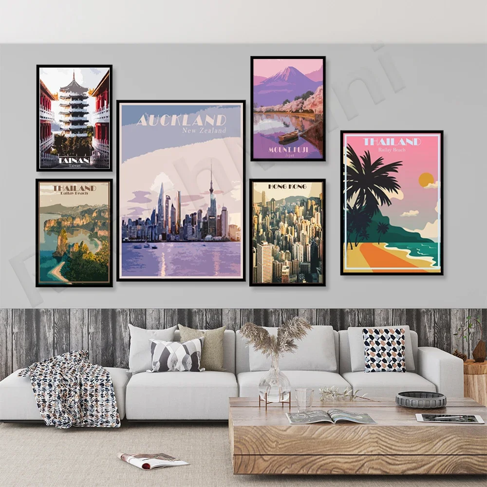 Bali Indonesia, Auckland New Zealand, Taiwan, Singapore, Japan Mount Fuji, ChinaHong Kong, Thailand Railay Beach Travel Poster