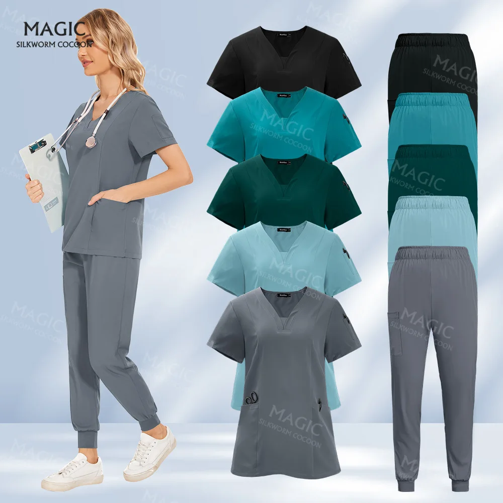 Solid Color Pet Grooming Working Sets Hospital Medical Uniforms Scrubs Nurse Uniforms Women Dentistry Operating Room Work Suits