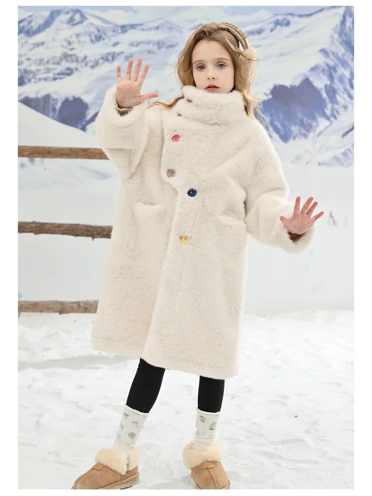 Girl's Fur Coat Medium Long Fur Integrated Coat 2024 Winter New Children's Faux Mink Fur Sweater