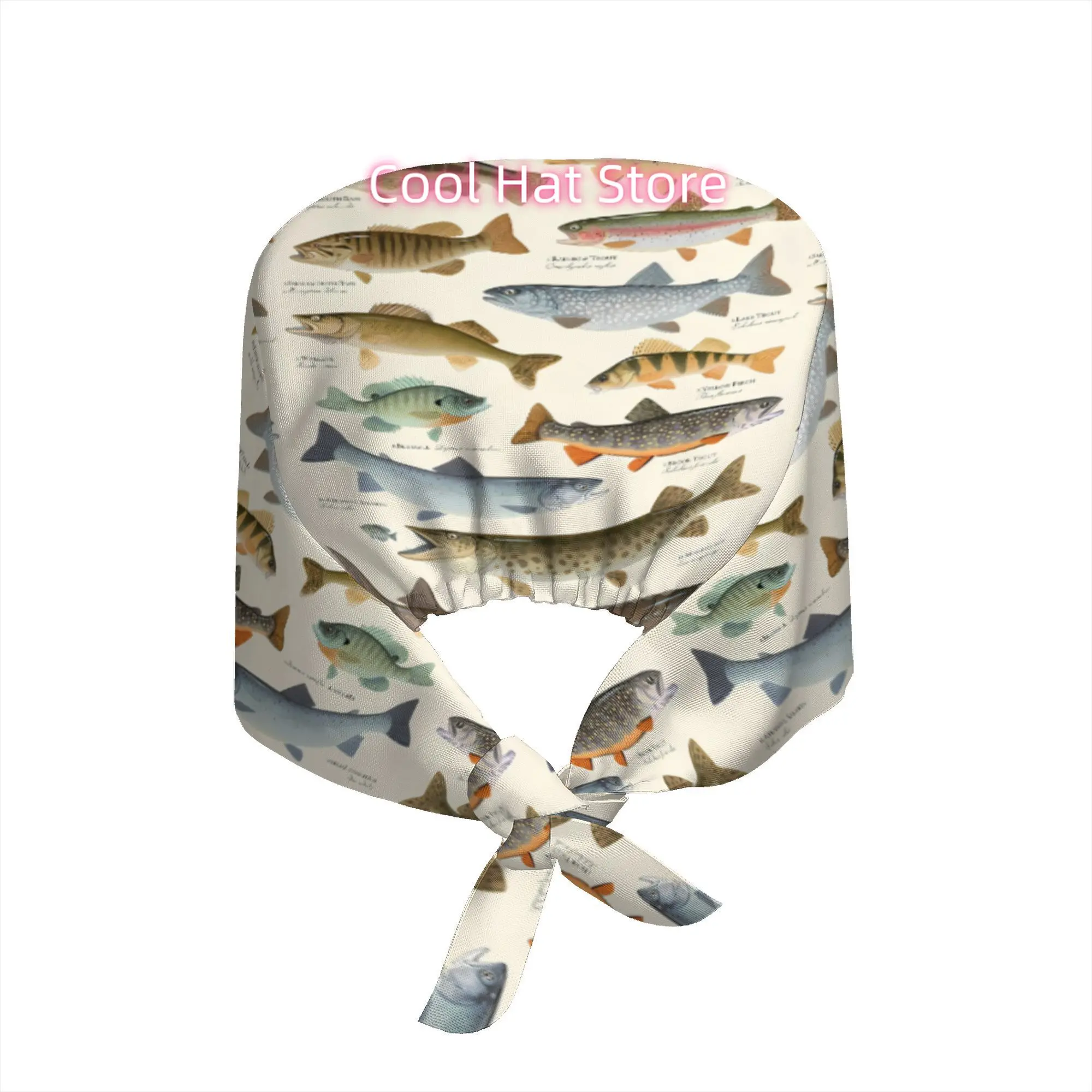 1pc Unisex Adjustable Elastic Tie-Back Scrub Cap with Fish Print (Trout, Salmon, Bass) & Labeled Fish Species - One Size Fits Al