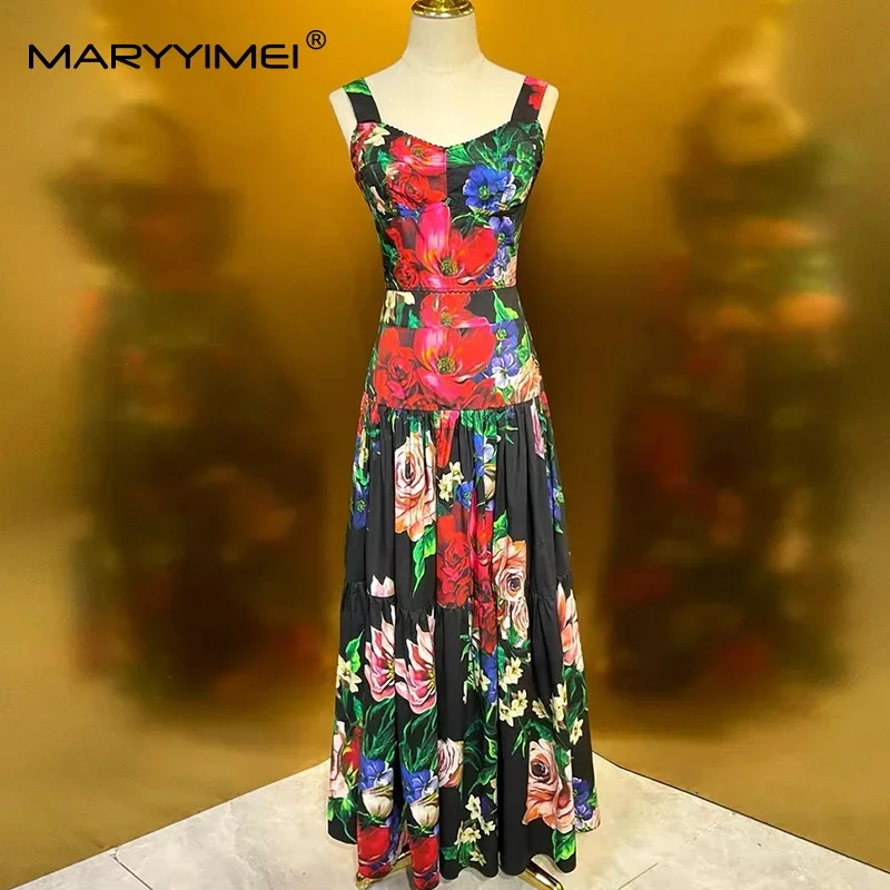 

Seifrmann Spring Summer Women's Suit Spaghetti Strap Backless Slim Tops+Casual Big Swing Half skirt Cotton Print 2-piece set