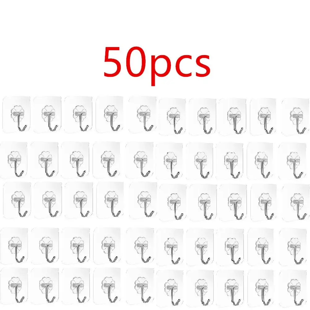 

50pcs Transparent Non Punching Hook with No Marks Strong Adhesive Hook Bathroom Living Room Wall Hanging Door Self-adhesive Hook