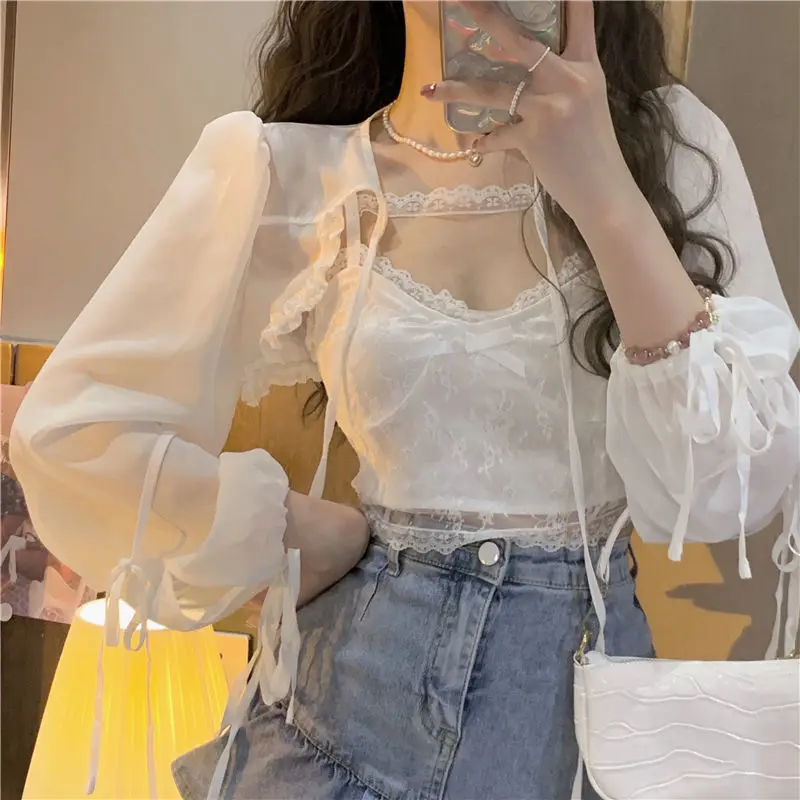 Sweet Camisole Sets Women Skinny Sexy Crop Jackets Simple Pure All-match Lace Korean Style Summer Sun-proof Ladies Bandage Chic