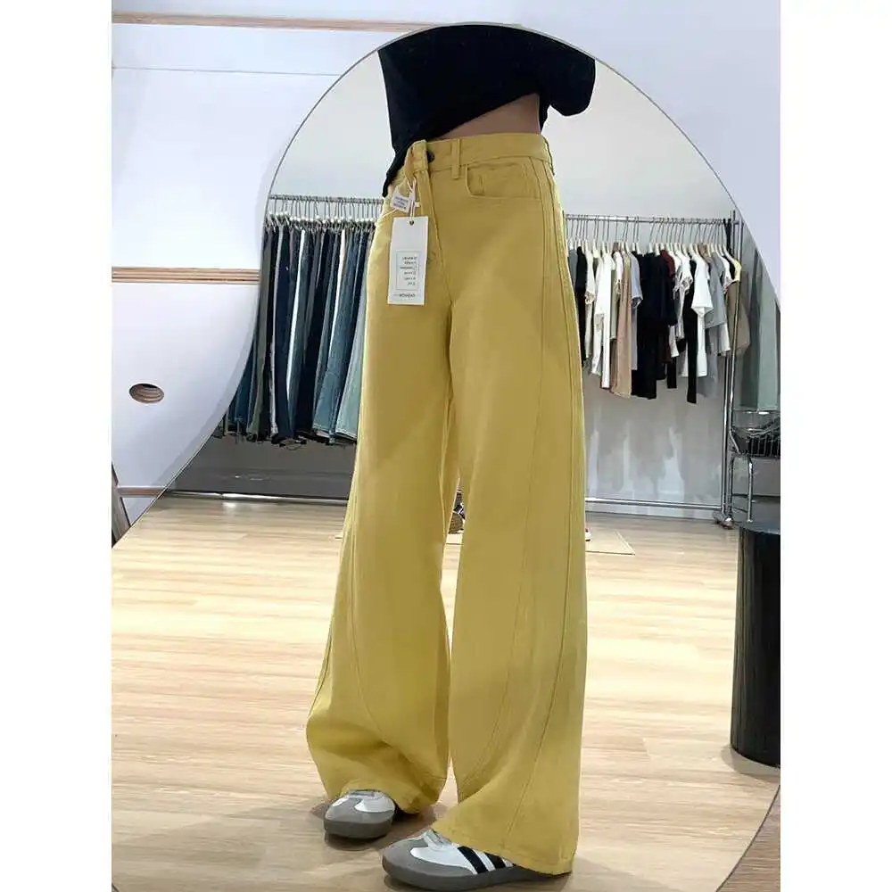 Korean Style Wide Leg Baggy Jeans For Women High Waist Chic Casual Streetwear Yellow Female Y2k Pants Denim Trousers