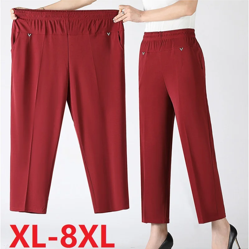 2024 Nowe spodnie damskie Letnie luźne spodnie Super Oversized Cienkie elastyczne spodnie w pasie Proste spodnie damskie w średnim wieku 7XL 8XL