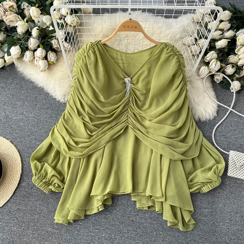 Spring summer holiday style first love sweet top design pleated V-neck irregular shirt blusa feminina