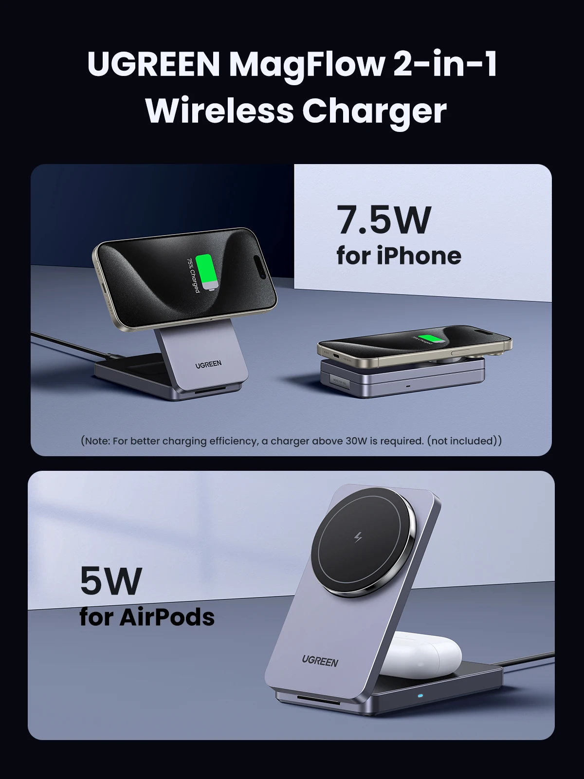 UGREEN 20W 2-in-1 Magnetic Wireless Charger For iPhone 16 Pro Max/AirPods 4 For MagSafe Fast Chargers Charging Stand