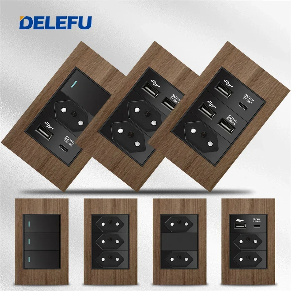 DELEFU 4*2 Aluminum imitation wood Brazil Standard socket Double Usb Type C wall socket Light switch Switzerland 10A 20A