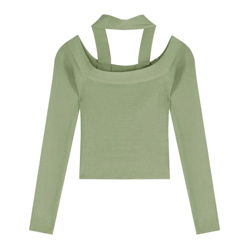 Women\'s Long Sleeve Cold Shoulder Pullovers Sweater Breathable Women\'s Halter Neck Backless Loose Sweater Tops